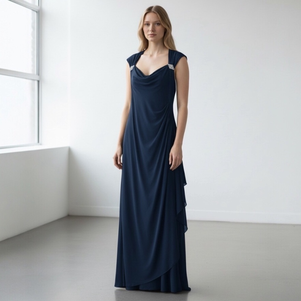 Xscape jewel, elegant maxi, navy blue, open back dress 8
